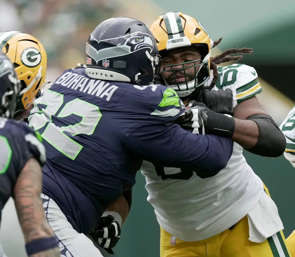 Green Bay Packers guard Lecitus Smith (68) blocks Seattle Seahawks defensive tackle Quinton Bohanna (92) during the first quarter of their preseason game Saturday, August 23, 2025 at Lambeau Field in Green Bay, Wisconsin. The Green Bay Packers beat the Seattle Seahawks 20-7.