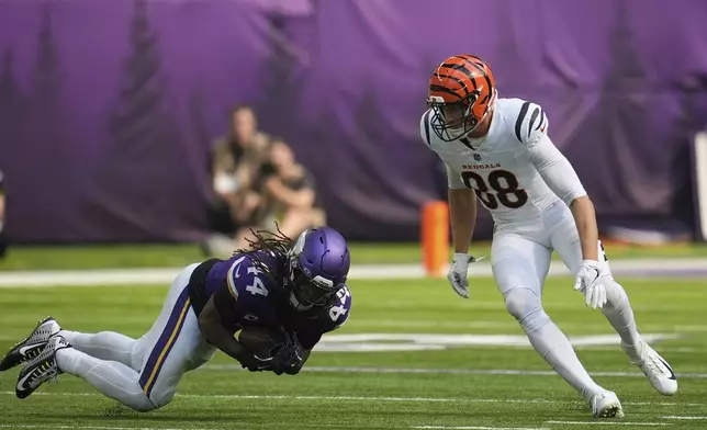 Minnesota Vikings' Josh Metellus (44) makes an interception against Cincinnati Bengals tight end Mike Gesicki (88) during the second half of an NFL football game, Sunday, Sept. 21, 2025, in Minneapolis. (AP Photo/Mike Stewart)