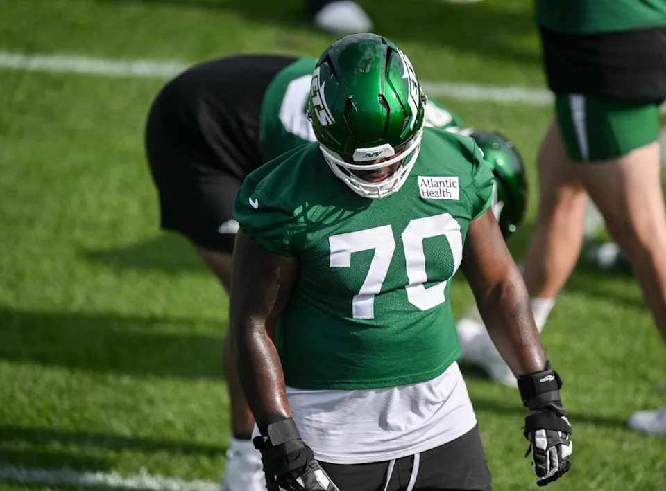 Jul 23, 2025; Florham Park, NY, USA; New York Jets offensive tackle Armand Membou (70) participates in a drill during training camp at Atlantic Health Jets Training Center. Mandatory Credit: John Jones-Imagn Images