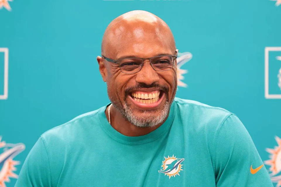 Miami Dolphins defensive coordinator Anthony Weaver speaks to reporters before practice at Baptist Health Training Complex in Miami Gardens, Florida, Thursday, September 4, 2025.