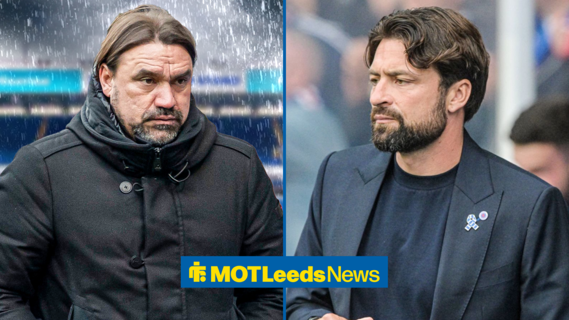 Daniel Farke looking sad with Russel Martin looking in the distance