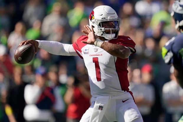 Arizona Cardinals quarterback Kyler Murray (1) passes against the Seattle Seahawks during the first half of an NFL football game in Seattle, Sunday, Oct. 16, 2022. (AP Photo/Abbie Parr) (Abbie Parr, AP)