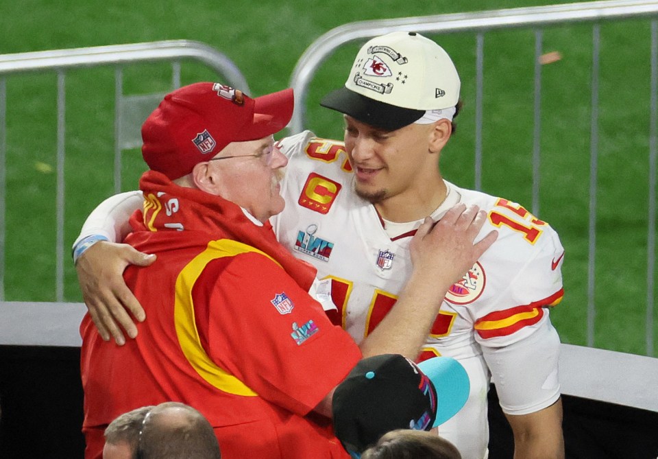 Patrick Mahomes hugging Andy Reid after winning Super Bowl LVII.