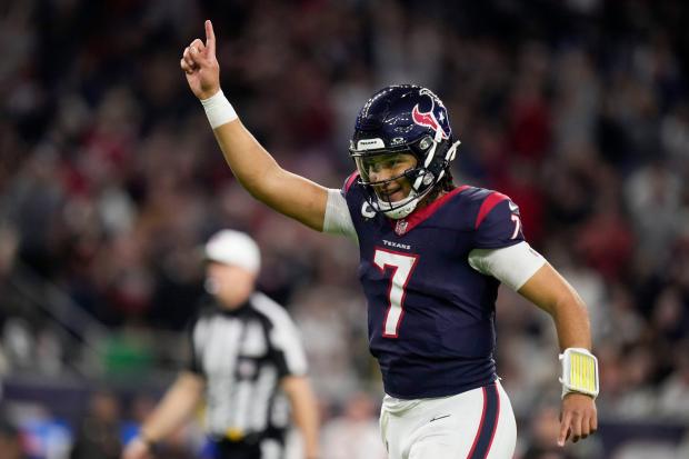 Houston Texans quarterback C.J. Stroud celebrates after a touchdown against the Cleveland Browns during the second half of an NFL wild-card game Saturday, Jan. 13, 2024, in Houston. (Eric Christian Smith, AP)
