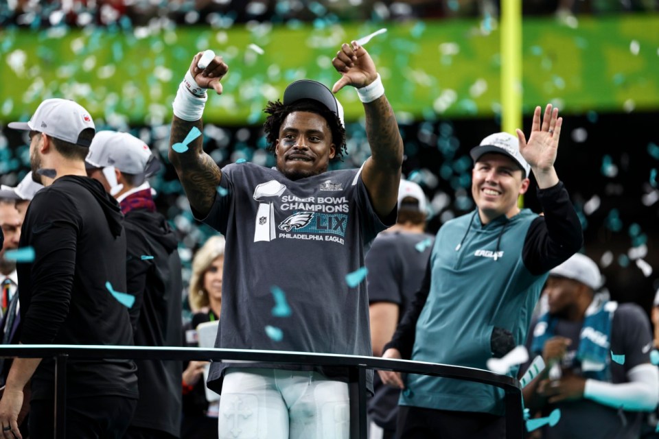 NEW ORLEANS, LOUISIANA - FEBRUARY 9: C.J. Gardner-Johnson #8 of the Philadelphia Eagles celebrates after Super Bowl LIX against the Kansas City Chiefs at Caesars Superdome on February 9, 2025 in New Orleans, LA. (Photo by Kevin Sabitus/Getty Images)