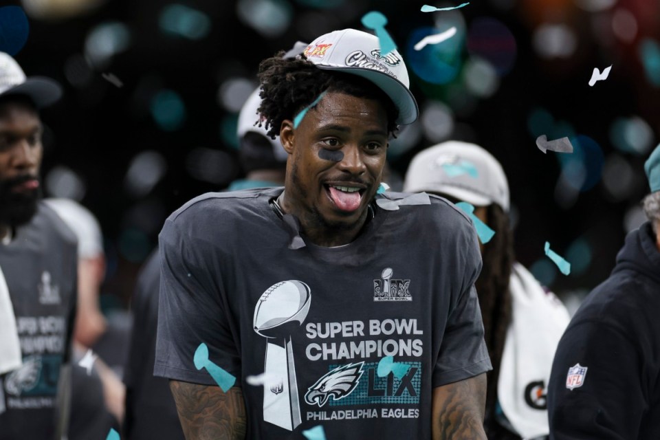 NEW ORLEANS, LOUISIANA - FEBRUARY 09: C.J. Gardner-Johnson #8 of the Philadelphia Eagles reacts after winning Super Bowl LIX against the Kansas City Chiefs at Caesars Superdome on February 09, 2025, in New Orleans, Louisiana. The Eagles defeated the Chiefs 40-22. (Kara Durrette/Getty Images)