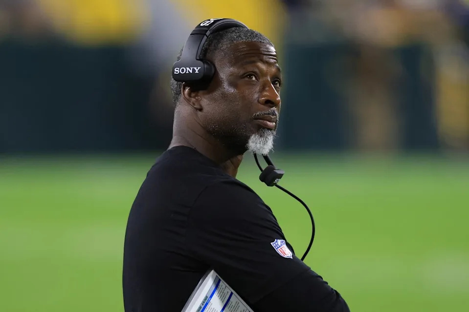 Aaron Glenn looks on against the Green Bay Packers during the NFL Preseason game between the New York Jets and Green Bay Packers at Lambeau Field on August 9, 2025. Getty Images