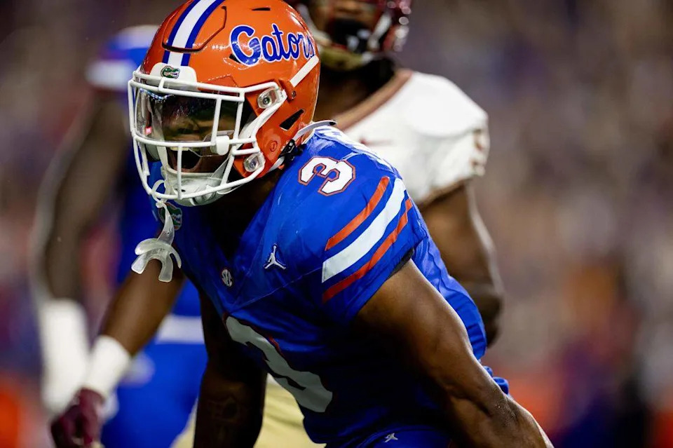 Florida Gators cornerback Jason Marshall Jr. (3) celebrates after a stop during the first half against the Florida State Seminoles at Steve Spurrier Field at Ben Hill Griffin Stadium in Gainesville, FL on Saturday, November 25, 2023. 