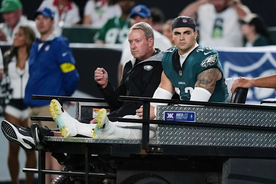 Philadelphia Eagles fullback Ben VanSumeren is carted off the field after suffering an unknown injury in the first half of an NFL football game against the Dallas Cowboys Thursday, Sept. 4, 2025, in Philadelphia. AP