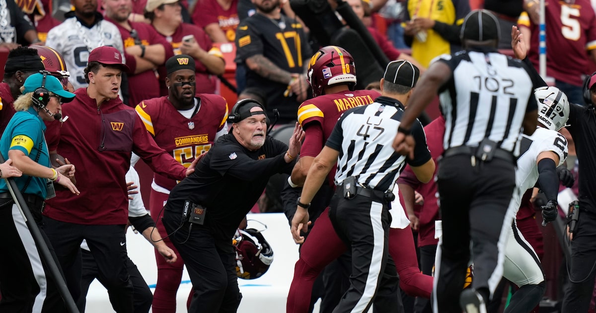 Commanders head coach Dan Quinn bloodied in sideline collision with Marcus Mariota