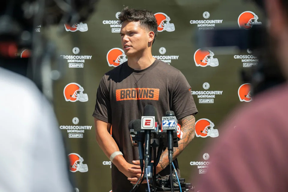 May 10, 2025; Berea, OH, USA; Cleveland Browns quarterback Dillon Gabriel (5) talks to the media during rookie minicamp at CrossCountry Mortgage Campus. Mandatory Credit: Ken Blaze-Imagn Images© Ken Blaze-Imagn Images
