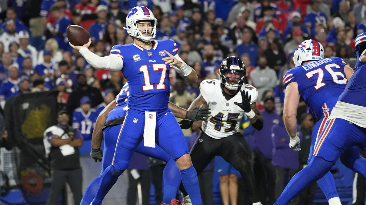 Buffalo Bills quarterback Josh Allen (17) looks to pass during the fourth quarter against the Baltimore Ravens at Highmark Stadium.