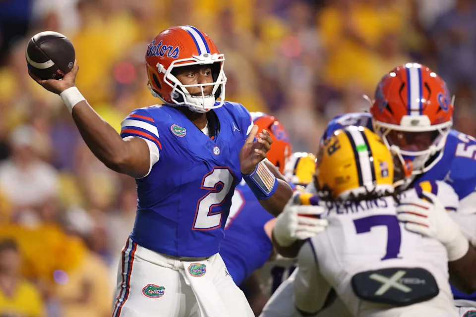 BATON ROUGE, LOUISIANA - SEPTEMBER 13: DJ Lagway #2 of the Florida Gators looks to pass the ball against the LSU Tigers at Tiger Stadium on September 13, 2025 in Baton Rouge, Louisiana. (Photo by Chris Graythen/Getty Images)