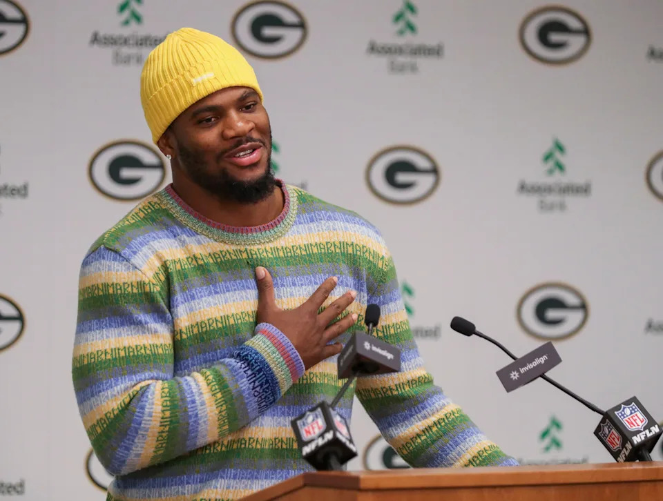 Green Bay Packers edge rusher Micah Parsons speaks during an introductory press conference on Friday, August 29, 2025, at Lambeau Field in Green Bay, Wis.