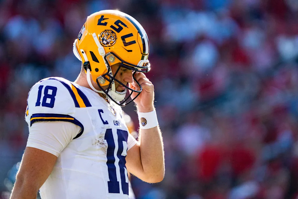 LSU quarterback Garrett Nussmeier (18) walks across the field during a college football game between Ole Miss and LSU at Vaught-Hemingway Stadium in Oxford, Miss., on Saturday, Sept. 27, 2025. Ole Miss defeated LSU 24-19.