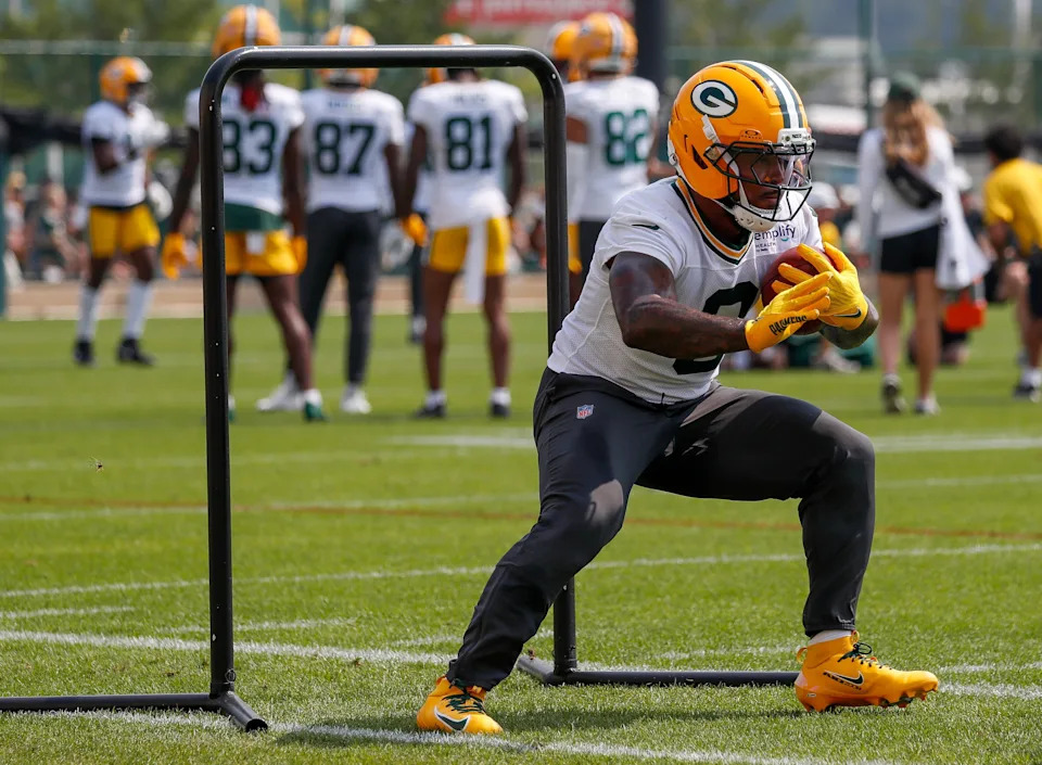 Green Bay Packers running back Josh Jacobs (8) runs through a drill during practice on Friday, August 1, 2025, at Ray Nitschke Field in Ashwaubenon, Wis. 
Tork Mason/USA TODAY NETWORK-Wisconsin