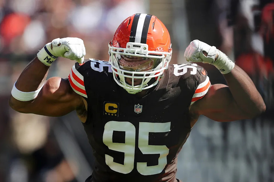 Cleveland Browns defensive end Myles Garrett celebrates after sacking Cincinnati Bengals quarterback Joe Burrow on Sept. 7, 2025, in Cleveland.