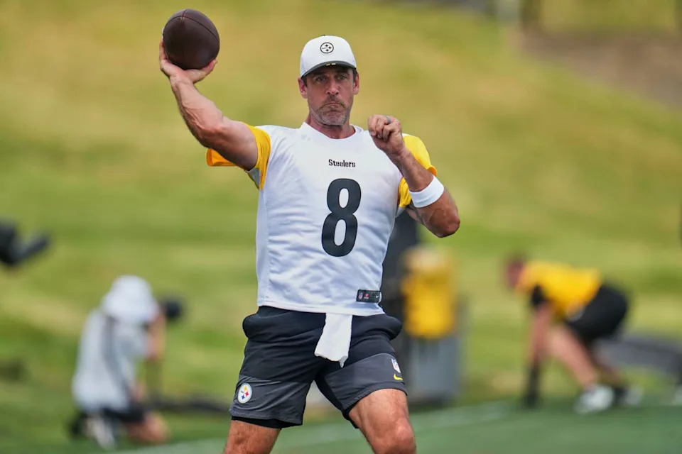 Pittsburgh Steelers quarterback Aaron Rodgers throws during a drill in training camp in July.