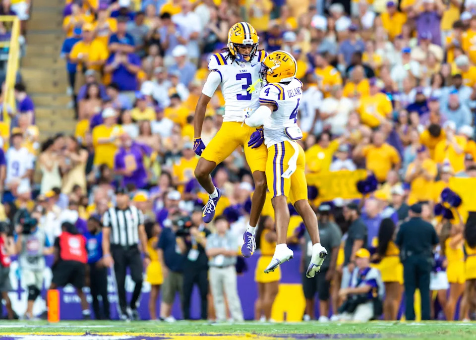 DJ Pickett 3 and Mansoor Delane 4, LSU Tigers take on the Florida Gators. Sept 13, 2025; Baton Rouge, Louisiana, USA; at Tiger Stadium.