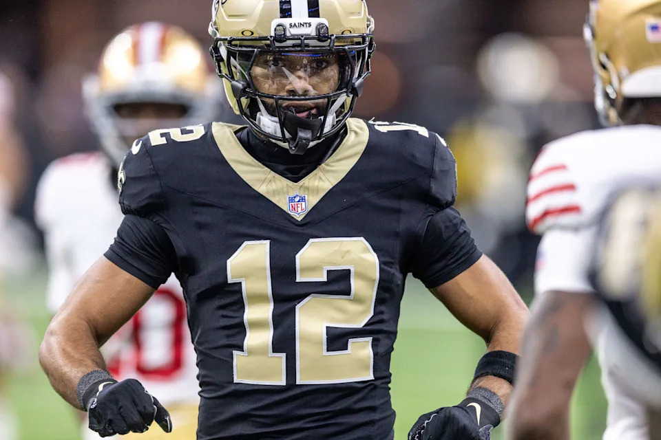 Sep 14, 2025; New Orleans, Louisiana, USA; New Orleans Saints wide receiver Chris Olave (12) looks on against the San Francisco 49ers during the first half at Caesars Superdome. Mandatory Credit: Stephen Lew-Imagn Images