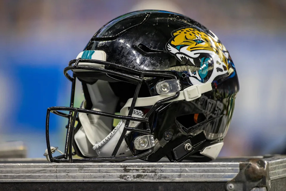 Dec 4, 2022; Detroit, Michigan, USA; A Jacksonville Jaguars football helmet sits on a crate on the sidelines during the first half against the Detroit Lions at Ford Field. Mandatory Credit: David Reginek-USA TODAY Sports