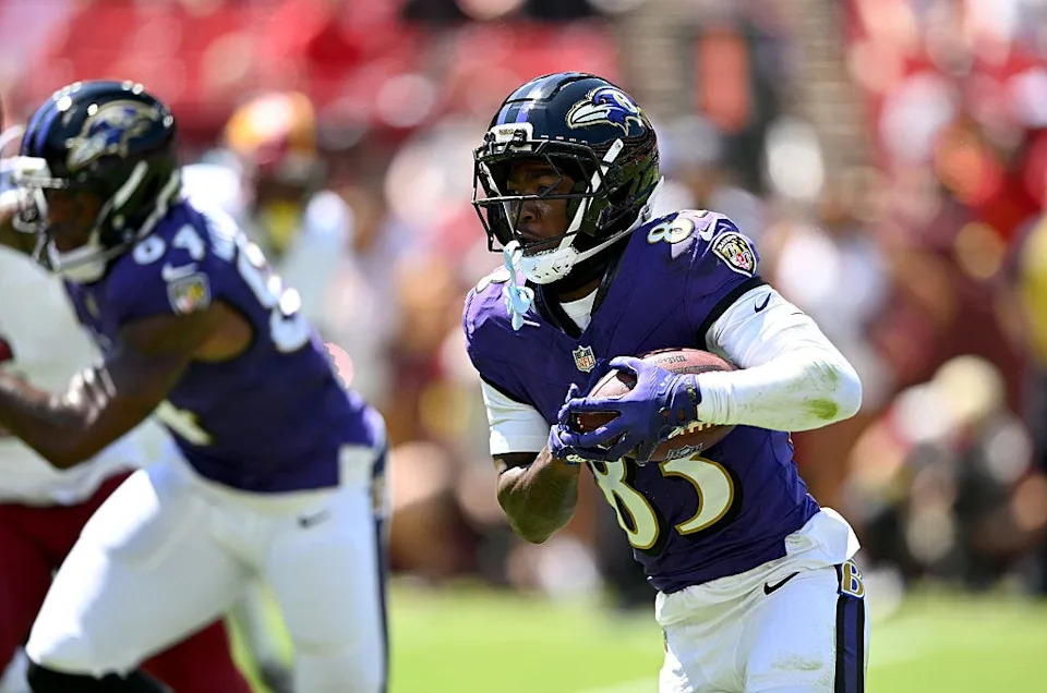 LaJohntay Wester of the Baltimore Ravens runs with the ball in the first quarter of the NFL Preseason 2025 game against the Washington Commanders at Northwest Stadium on August 23, 2025 in Landover, Maryland.