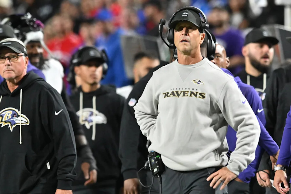 Sep 7, 2025; Orchard Park, New York, USA; Baltimore Ravens head coach John Harbaugh looks on during the third quarter against the Buffalo Bills at Highmark Stadium. Mandatory Credit: Mark Konezny-Imagn Images© Mark Konezny-Imagn Images
