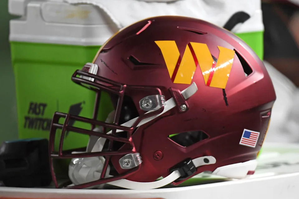 Nov 14, 2024; Philadelphia, Pennsylvania, USA; Washington Commanders helmet sits on the sidelines against the Philadelphia Eagles at Lincoln Financial Field. Mandatory Credit: Eric Hartline-Imagn Images