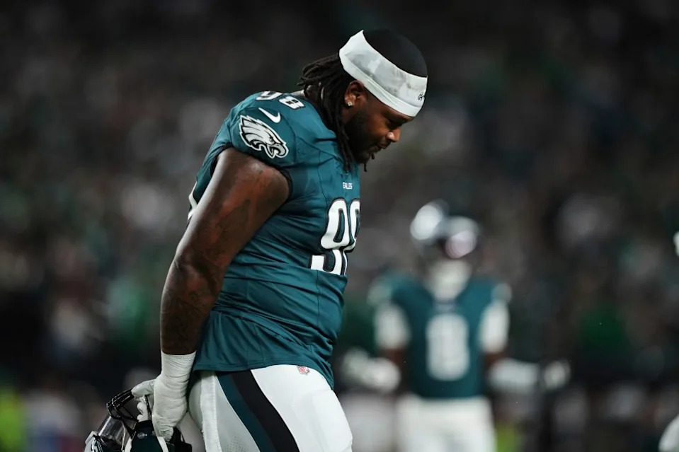 Philadelphia Eagles defensive tackle Jalen Carter walks off the field after being disqualified for unsportsman like conduct before an NFL football game against the Dallas Cowboys Thursday, Sept. 4, 2025, in Philadelphia. AP