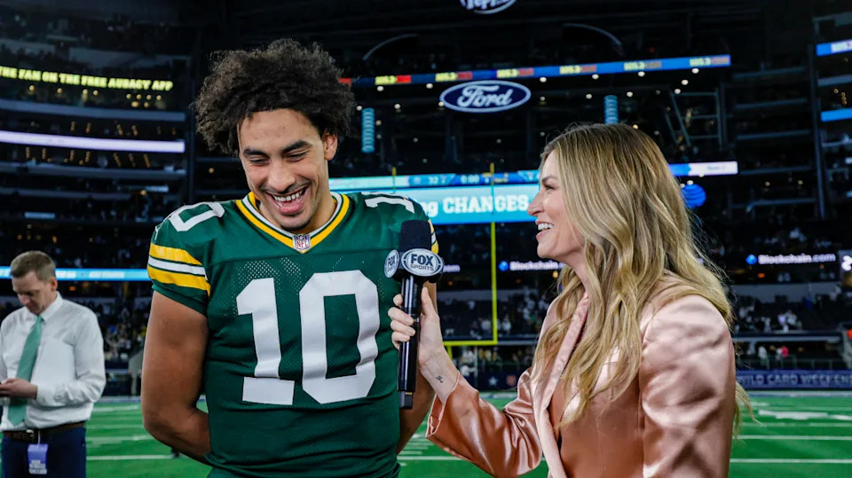 ARLINGTON, TX - JANUARY 14: Green Bay Packers quarterback Jordan Love (10) does an interview with FOX sideline reporter Erin Andrews after the NFC Wild Card game between the Dallas Cowboys and the Green Bay Packers on January 14, 2024 at AT&T Stadium in Arlington, Texas. (Photo by Matthew Pearce/Icon Sportswire via Getty Images)Icon Sportswire&sol;Getty Images
