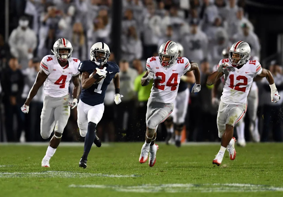 Penn State receiver KJ Hamler has the Ohio State defense in hot pursuit on his 93-yard, catch-and-run touchdown in Saturday's game.
