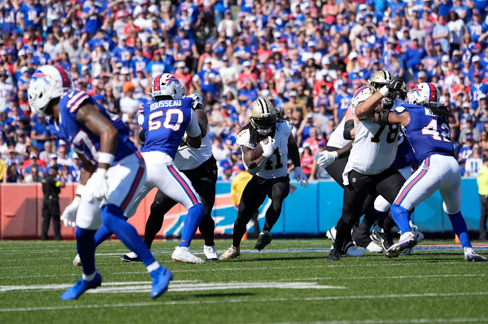 New Orleans Saints running back Alvin Kamara (41) runs for a gain during the second quarter against the Buffalo Bills at Highmark Stadium.