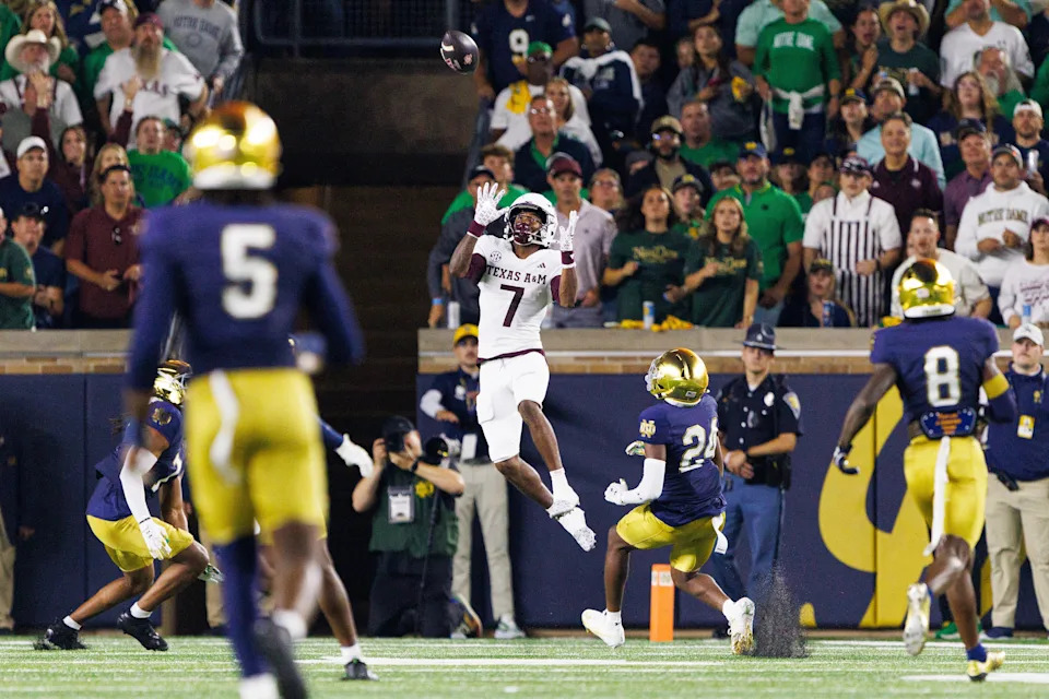 Texas A&M wide receiver KC Concepcion (7) catches a pass in the first half of a NCAA football game against Notre Dame at Notre Dame Stadium on Saturday, Sept. 13, 2025, in South Bend.