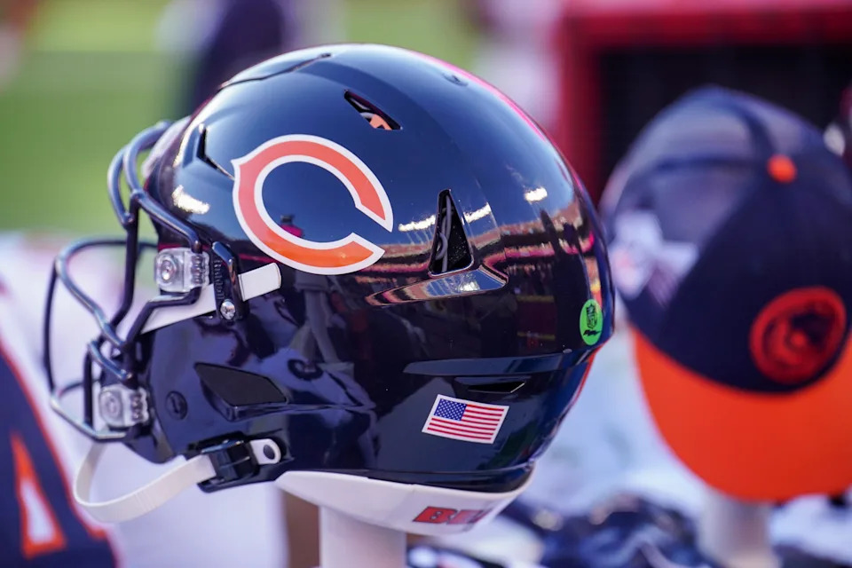 Sep 24, 2023; Kansas City, Missouri, USA; A general view of a Chicago Bears helmet and ball cap against the Kansas City Chiefs during the second half at GEHA Field at Arrowhead Stadium. Mandatory Credit: Denny Medley-USA TODAY Sports