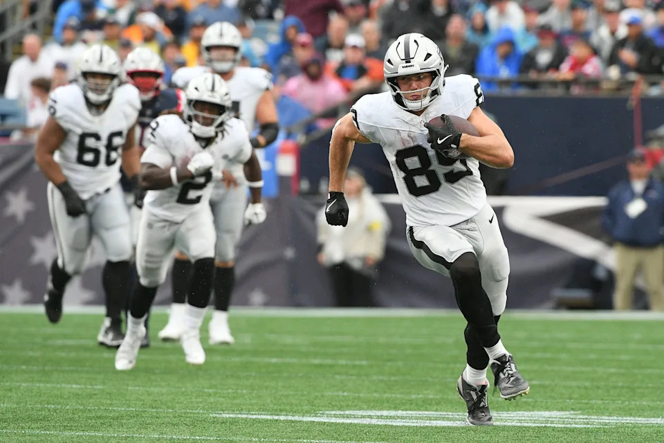 Las Vegas Raiders tight end Brock Bowers makes a catch against the New England Patriots during the second half at Gillette Stadium.