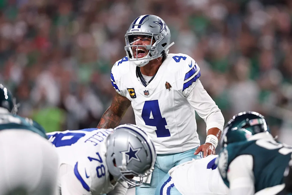 Sep 4, 2025; Philadelphia, Pennsylvania, USA; Dallas Cowboys quarterback Dak Prescott (4) calls a play at the line of scrimmage during the first quarter of the game against the Philadelphia Eagles at Lincoln Financial Field. Mandatory Credit: Bill Streicher-Imagn Images
