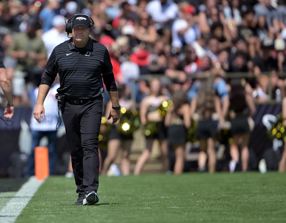 Aug 30, 2025; West Lafayette, Indiana, USA; Purdue Boilermakers head coach Barry Odom walks on the sidelines during the second half against the Ball State Cardinals at Ross-Ade Stadium. Mandatory Credit: Marc Lebryk-Imagn Images