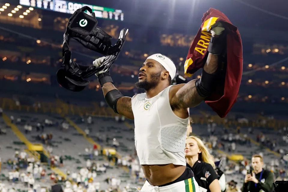 Micah Parsons of the Green Bay Packers celebrates after defeating the Washington Commanders at Lambeau Field on September 11, 2025 in Green Bay, Wisconsin. Getty Images