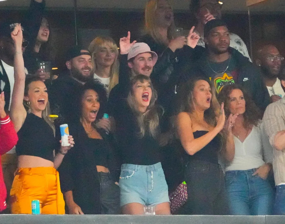 Oct 1, 2023; East Rutherford, New Jersey, USA; Taylor Swift, a guest of Kansas City Chiefs tight end Travis Kelce (87), cheers during the game at MetLife Stadium. Mandatory Credit: Robert Deutsch-USA TODAY Sports