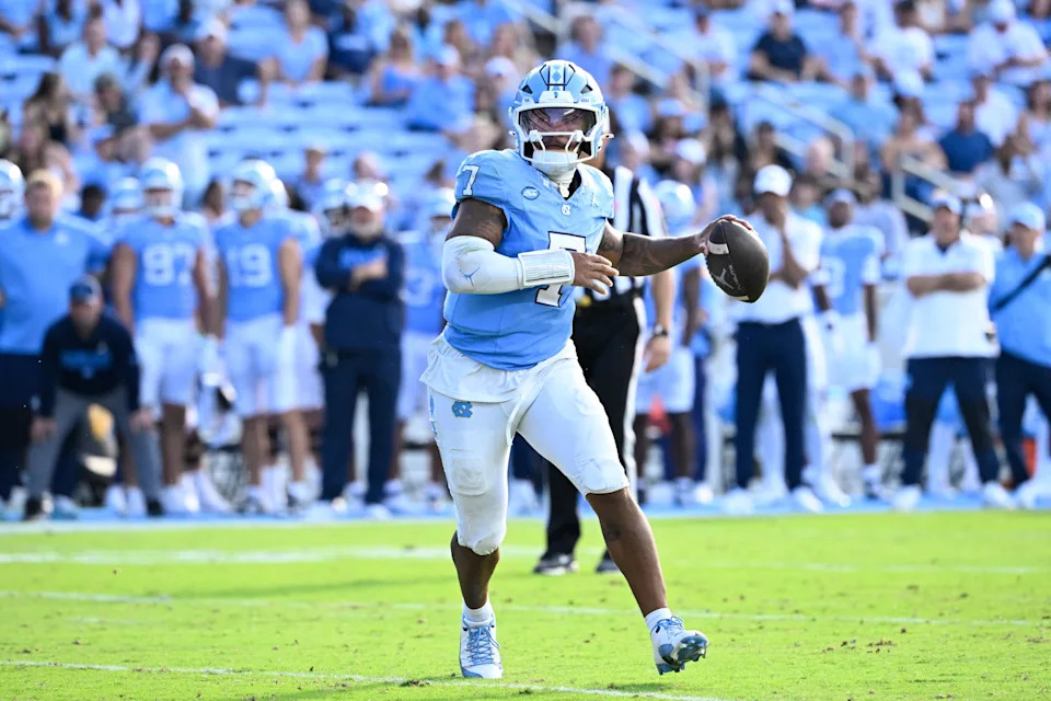 Sep 13, 2025; Chapel Hill, North Carolina, USA; North Carolina Tar Heels quarterback Gio Lopez (7) looks to pass in the third quarter at Kenan Stadium. Mandatory Credit: Bob Donnan-Imagn Images