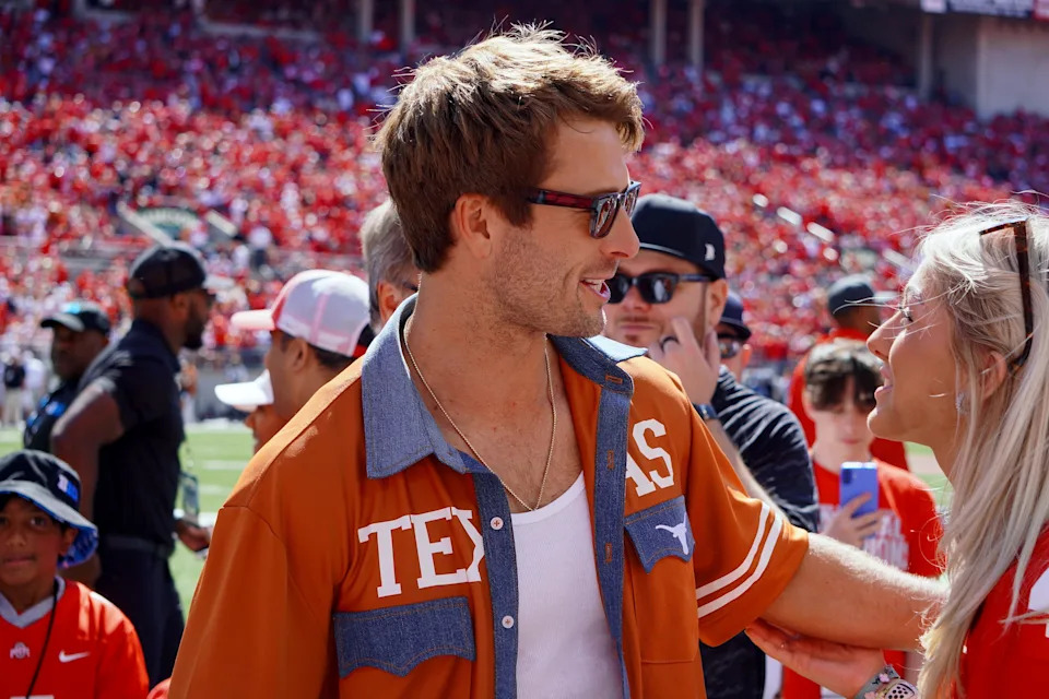 Glen Powell at the NCAA football game between the Ohio State Buckeyes and the Texas Longhorns at Ohio Stadium on Aug. 30, 2025.