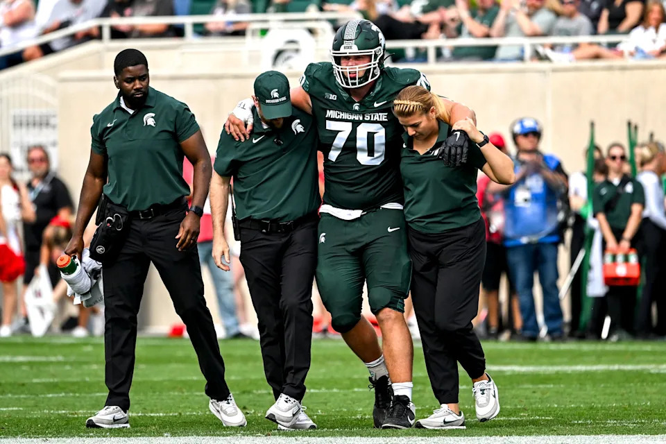 Michigan State's Luka Vincic walks off the field after an injury against Youngstown State during the second quarter on Saturday, Sept. 13, 2025, at Spartan Stadium in East Lansing.