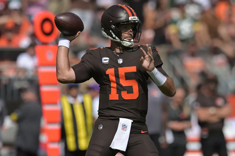 Sep 21, 2025; Cleveland, Ohio, USA; Cleveland Browns quarterback Joe Flacco (15) throws a pass against the Green Bay Packers during the first quarter at Huntington Bank Field. Mandatory Credit: Ken Blaze-Imagn Images