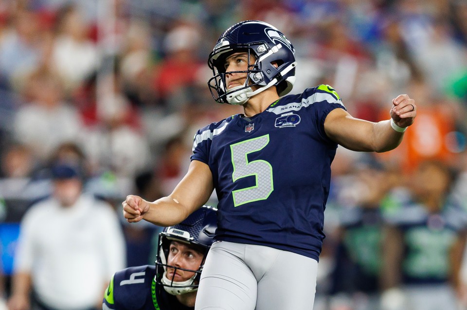 Seattle Seahawks player Jason Myers #5 with a clenched fist.