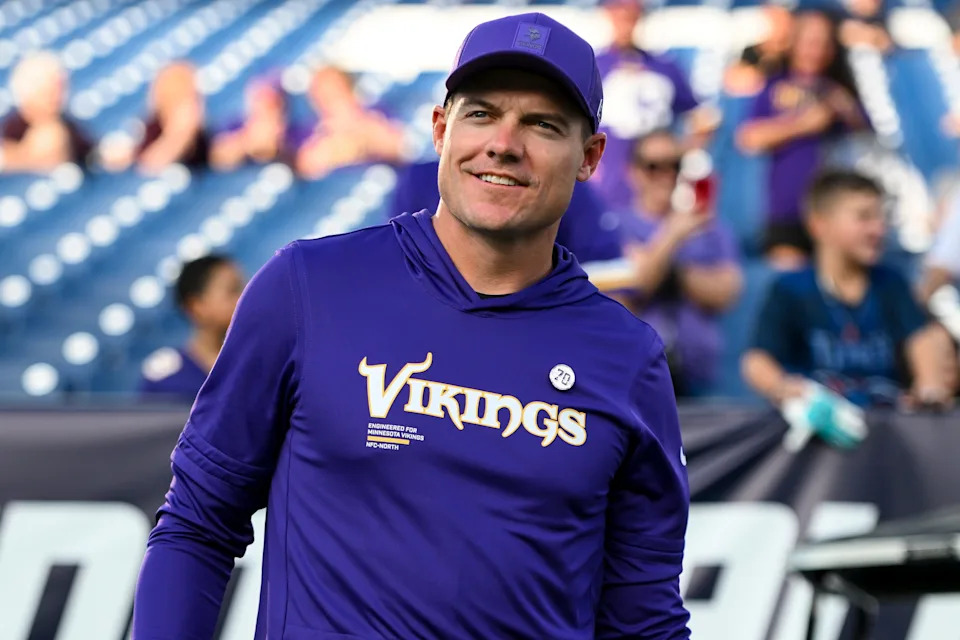 Aug 22, 2025; Nashville, Tennessee, USA; Minnesota Vikings head coach Kevin O'Connell walks to the field against the Tennessee Titan during the first half at Nissan Stadium. Mandatory Credit: Steve Roberts-Imagn Images
