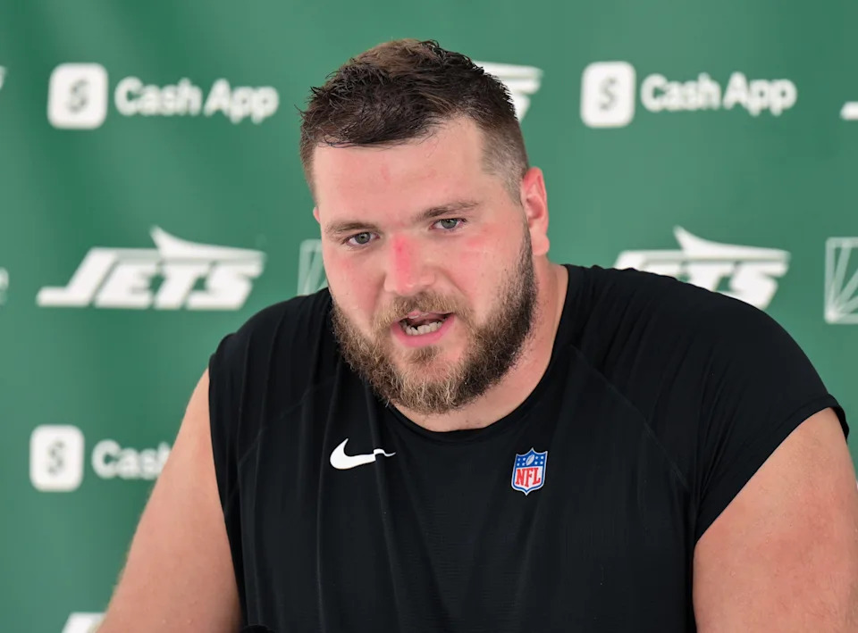 Jul 25, 2025; Florham Park, NJ, USA; New York Jets center Josh Myers (71) speaks to the media during training camp at Atlantic Health Jets Training Center. Mandatory Credit: John Jones-Imagn Images