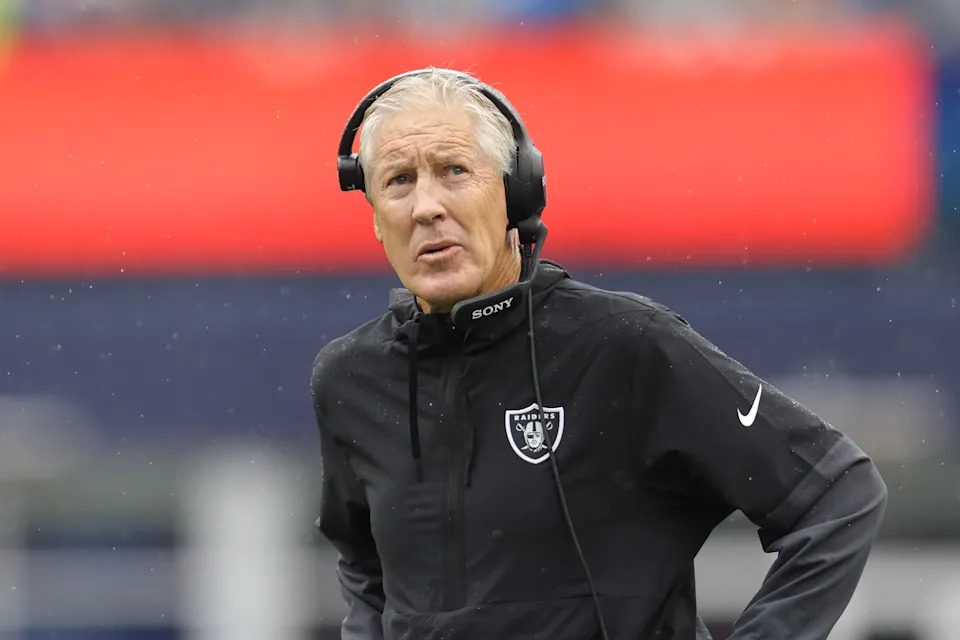 FOXBOROUGH, MASSACHUSETTS - SEPTEMBER 07: Head coach Pete Carroll of the Las Vegas Raiders looks on from the sideline during the game against the New England Patriots at Gillette Stadium on September 07, 2025 in Foxborough, Massachusetts. (Photo by Mike Stobe/Getty Images)