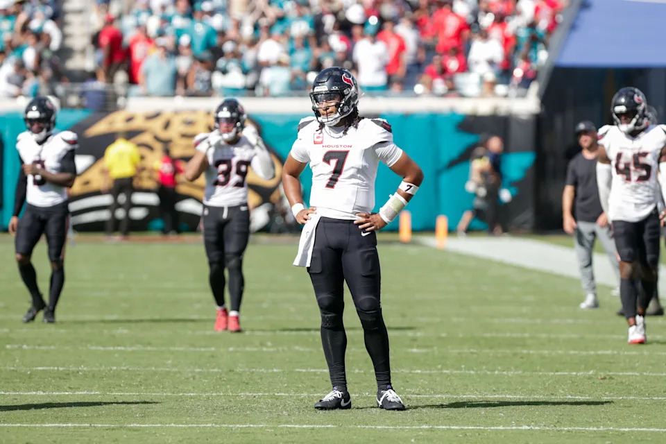 Sep 21, 2025; Jacksonville, Florida, USA; Houston Texans quarterback C.J. Stroud (7) reacts after an interception in the 4th quarter against the Jacksonville Jaguars at EverBank Stadium. Mandatory Credit: Travis Register-Imagn Images