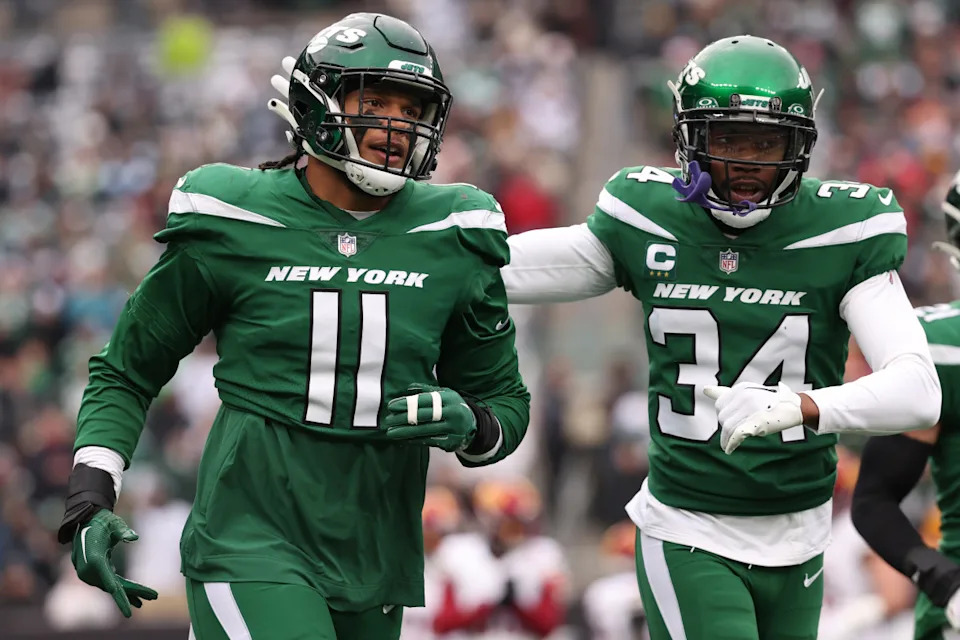 EAST RUTHERFORD, NEW JERSEY - DECEMBER 24: Jermaine Johnson #11 of the New York Jets looks on after blocking a punt during the first quarter against the Washington Commanders at MetLife Stadium on December 24, 2023 in East Rutherford, New Jersey. (Photo by Dustin Satloff/Getty Images)Dustin Satloff/Getty Images