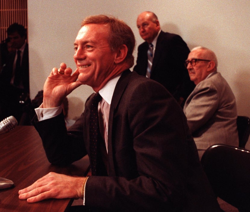 Jerry Jones takes a question from the press during a press conference announcing him as the...